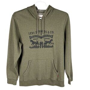 Vintage Levi Strauss Olive Green Hoodie L Original Riveted Graphic Logo Cowboy